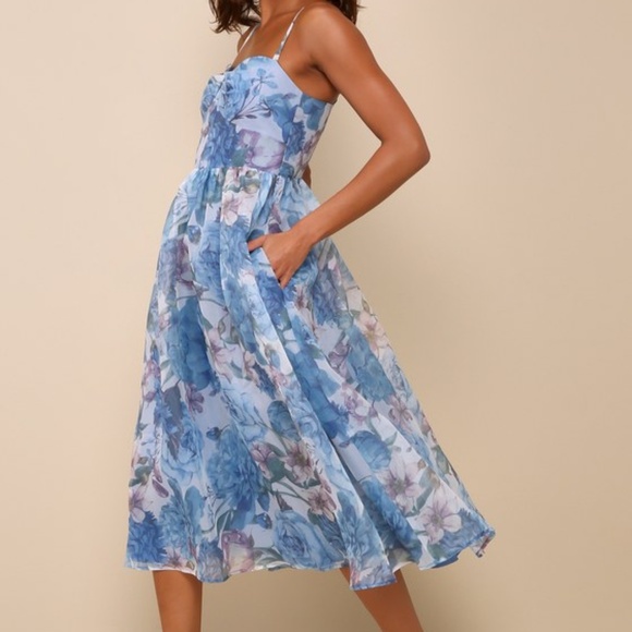 Lulus Cherished Aura Blue Multi Floral Organza Bustier Midi Dress - Size M - Picture 1 of 1